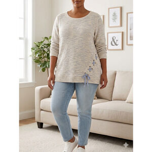 Sunday Woman 2X Cream Blue Marl Side Lace Sweater Shimmer Knit
